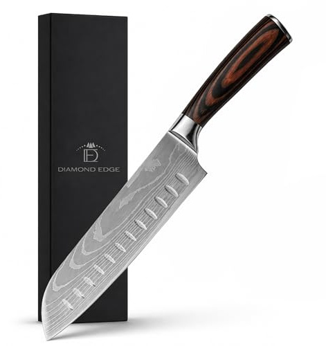 Diamond Edge 7 Santoku Knife - Professional Japanese Style Kitchen Knife with Ultra Sharp Stainless Steel Blade, Ergonomic Pakkawood Handle, Gift Box & Protective Sheath