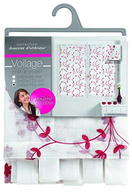 Douceur d'Intérieur. Coppia di tende dritte con passanti, 60 x 160 cm, velate, sabbiate, ricamate con piccoli fiori, colore: bianco/rosso.