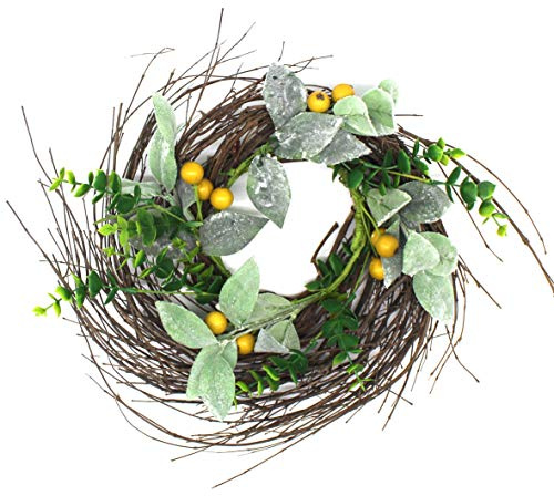 CVHOMEDECO. Rustic Country Artificial Lambs Ear/Boxwood and Twig Wreath, Year Round Full Green Wreath for Indoor or Outdoor Display, 12 Inch