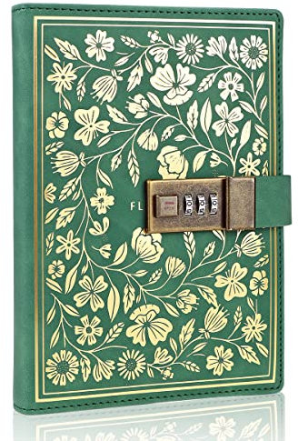 Mazeran Flower Lock Journal, Vintage Leather Hard Cover Floral Golden Embossed Notebook Diary, 224 Pages Lined Password Combination Locking Personal Planner, Gift for Women Girls (Boxed)