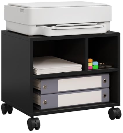 WOLTU Carrello Porta Stampante con 3 Scomparti Aperti, Mobiletto con Ruote, Supporto per Stampante in Legno, Classificatore per Documenti, Studio, Ufficio, 40x30x35cm, Nero, ASK06sz