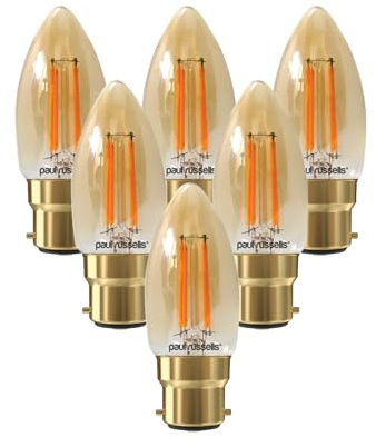 paul russells LED Filament Candle – Dimmable Bayonet Cap B22 Light Bulbs, 4.5Watt 423LM C35 Bulbs, 40w Equivalent, 2200K Extra Warm White Dimmer BC Energy Saving Chandelier Lamps, 6 Pack