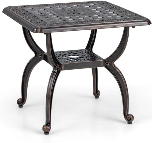 GIANTEX Gartentisch wetterfest Garten Bistrotisch aus Aluminiumguss quadratischer Balkontisch mit Ablagefläche & verstellbaren Fußpolstern Terrassentisch Outdoor Beistelltisch antike für Garten Bronze