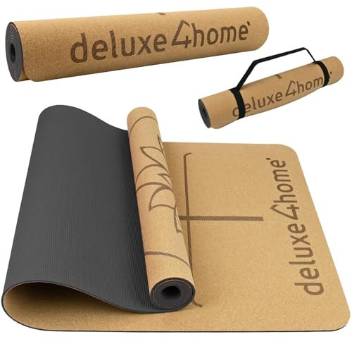 deluxe4home® Yogamatte Kork Gymnastikmatte I TPE Fitness Matte Rutschfest mit Tragegurt I Sportmatte für Yoga & Pilates I Trainingsmatte mit Ausrichtungslinien (Schwarz)