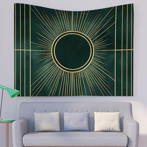 FHDBSST Goldfaden Geometrie Wandteppich Wandkunst DunkelgrüN Wandtuch Wandbehang für Schlafzimmer Wohnheim Wanddeko, Tagesdecke, Wandbespannung oder Picknickdecke, 200x150cm