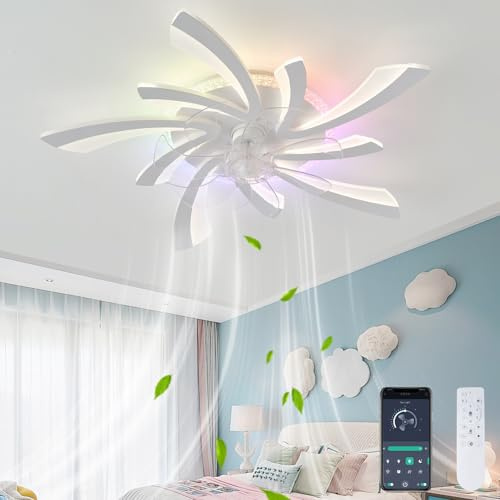 KVOYYIRA Lampara Ventilador Silencioso Para Dormitorio, Luz Ventilador Techo Infantil RGB LED Regulable Reversible, Ventilador Techo Con Luz Con Motor CC Y Mando A Distancia, Blanco