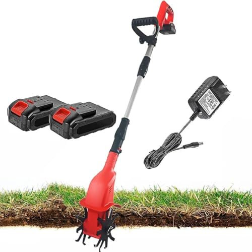 Cultivador eléctrico, máquina cultivadora de mano inalámbrica con 2 baterías recargables de 4000 mAh, ancho de 10 cm y profundidad de labranza de 25 cm, for césped de jardín, aflojamiento del suelo