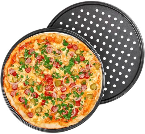 ORAGKE Set 2 Teglie per Pizza Antiaderente Ø32cm, Teglia Forno Rotonda Forata, Acciaio al Carbonio, Resistente fino a 230°C – Ideale per Pizza Professionale e Focacce, Nero