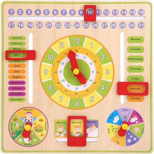 Toddler Calendar, Wooden Calendar and Learning Clock for Kids, Multifunctional Kids Calendars Learnings Clocks Wooden Clock Toy, Educational Toy for 3 Year Olds Teaches Time, Days of the Week, Months