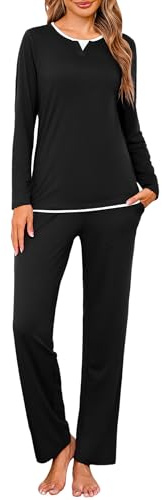 Jahetuul Pyjama Femme Hiver Coton Col Rond Ensemble de Pyjamas Manches Longues Haut Uni avec Design de Col à Effet Superposé et Pantalon Confortable et Chaud