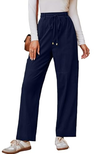 Dokotoo Linen Pants Women High Waisted Drawstring Stretch Pants Casual Loose Outdoor Travel Trousers Elastic Waistband with 4 Pockets Blue