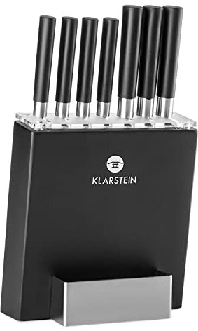 Klarstein Kitano - Messer-Set, Messerblock, 8-teilig, Präzisionsklingen, Rostfreier Edelstahl, Holzblock, Schwarz