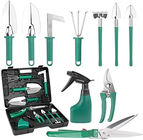 LATERN 10 Stück Gartengeräte-Set, Rostfreier Stahl Garten-Handwerkzeug Ergonomischer Griff Schaufel und Gartenschere, Rechen, Wassersprüher, Gartengeschenke für Frauen, Männer (37cm x 28cm)