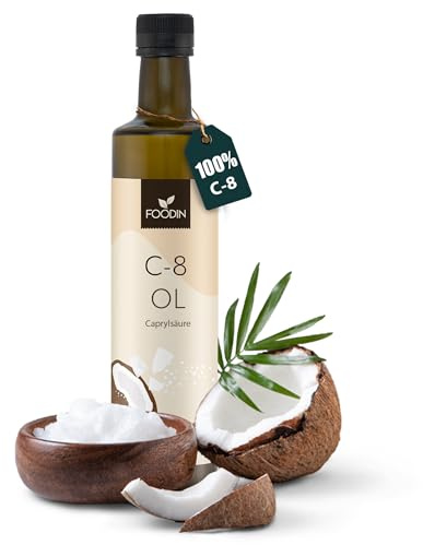 FOODIN MCT Oil C8, 500 ml di olio di cocco, ideale per la dieta chetogenica, chetoni di olio MCT da bere, 3 volte più chetoni (100% C8), olio di cocco liquido e non aromatizzato (1x500 ml)
