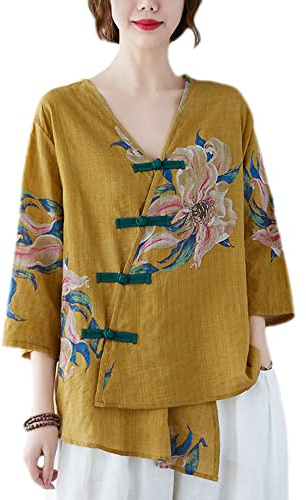 Blusa de manga 3/4 con botones de rana tradicional china, cuello en V, dobladillo irregular, para mujer, Amarillo, Large