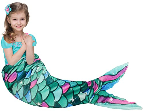 Mermaid Tail Blanket – Plush Flannel Mermaid-Shaped Throw Blanket for Girls & Teens, Soft Cozy All-Season Blanket for Sofa, Bed & Travel, 55 x 24 (Green)