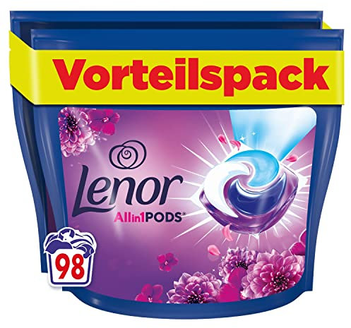 Lenor Colorwaschmittel Allin1 PODS Amethyst Blütentraum 98 Waschladungen, Hygienische Tiefenreinigung und Lang Anhaltende Frische