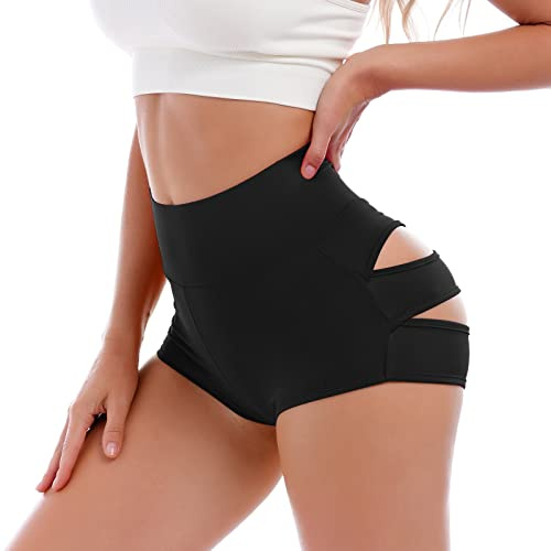 IBAKOM Women Cutout Rave Booty Shorts High Waist Yoga Workout Hot Mini Pants Activewear Dance Bottoms Clubwear Black M