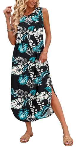 AUSELILY Kvinnor sommar casual maxiklänningar strand täckande solklänningar för kvinnor ärmlös lång t-shirt tank klänningar, Blad blå, L