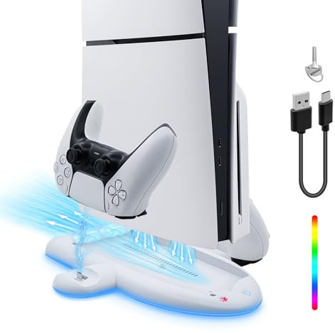 Mcbazel Stazione di Raffreddamento di Ricarica PS5 Slim, con 3-Velocità Effetto RGB Base di Caricatore Controller PS5 Dock Funzione di Memoria Accessori per Playstation 5 Slim(Non per PS5/PS5 Pro)