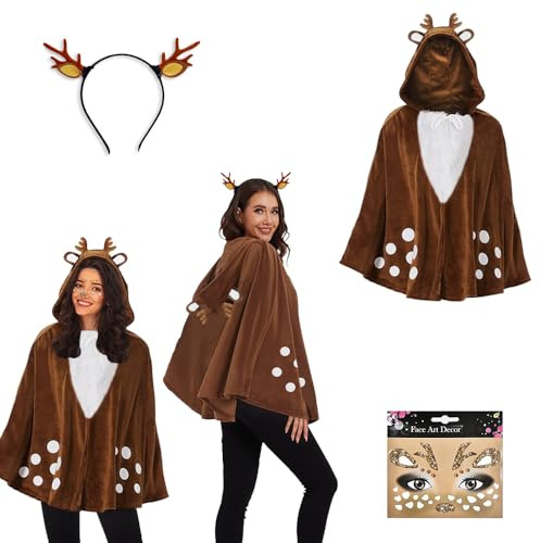 Jiahuade Rentier Karneval Damenkostüm, Rentier Geweih Haarreifen mit Rentier Ohren, Reh Bambi Cape mit Kapuze, Glitter Gesichtstattoo, Reh Tier Kostüm Karneval für Fasching Weihnachten Motto Party