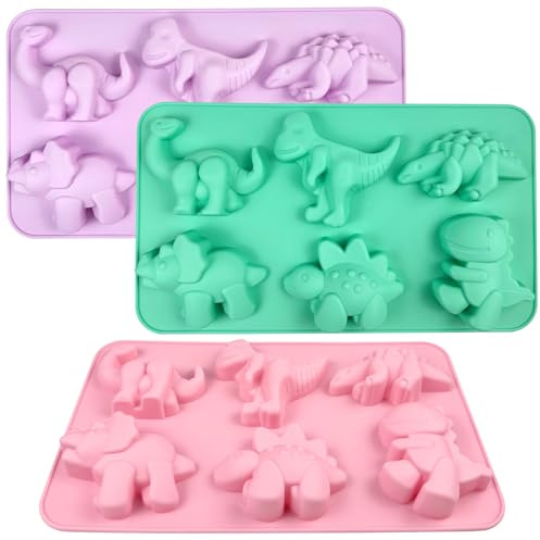 3pcs Dino Kuchenform, Dino Backform Silikon, Dino Backform Gross für Chokolade, Süßigkeit, Gelee, Eiswürfel, Kleine Seife, Zucker, Pudding (6 Löcher)