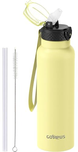 GOPPUS Botellas de agua aisladas de 750 ml con pajilla, botellas de metal de 0,75 litros, termo de acero inoxidable, botella de gimnasio de doble pared, a prueba de fugas, botella de agua