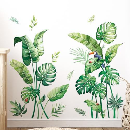 Tanlaby Feuilles de Palmier Autocollant Mural Verte Plante Stickers Muraux Feuilles Tropicales Décoration Murale pour Chambre Salon TV Fond de Mur Bureau