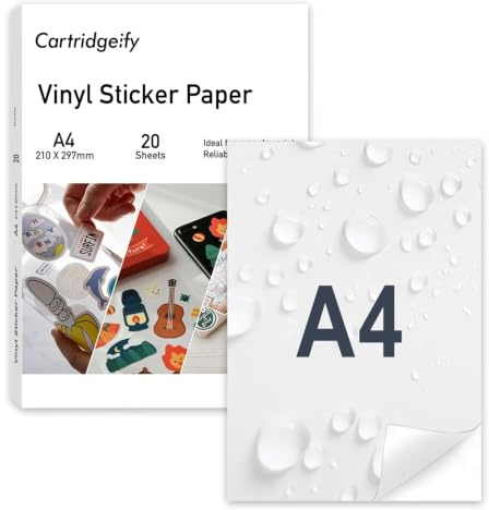 Cartridgeify 20 Blatt A4 Vinyl Sticker Papier, Aufkleberfolie Bedruckbar, Weiß, Selbstklebend Wasserfest Aufkleber Etikette, Vinylaufkleber für Tintenstrahldrucker Laserdrucker