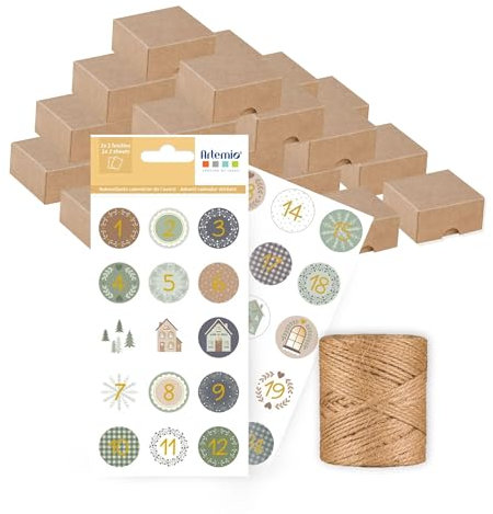 Calendrier de l'Avent avec 24 boîtes pliantes, autocollants ronds vert/doré, fil de jute