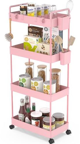 Ronlap Carrello da cucina a 4 livelli, carrello da portata con bicchiere, separatore, gancio, scaffale su ruote per cucina, camera da letto, ufficio, rosa