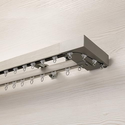 Wall Mounted Curtain Rail,Silent Curtain Track;imitation Wood Grain Curtain Box Track Side Mounted Slider Aluminum Alloy Straight Rail Single and Double Pulley Curtain Rod(D-Double Track,4.59ft/140cm)