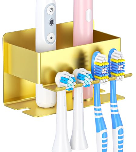 YYBO Soporte para Cepillo de Dientes eléctrico sin taladrar, Porta Cepillo de Dientes Baño, Portacepillos de Dientes Pared, Soporte Cabeza de Cepillo de Dientes y Pasta Dentífrica (Oro, Pequeño)