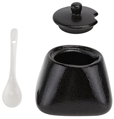 HEALLILY Pot à épices en céramique avec couvercle et cuillère - Récipient à condiments noir pour cuisine, sel, sucre, assaisonnement à surface lisse pour la cuisine à la maison