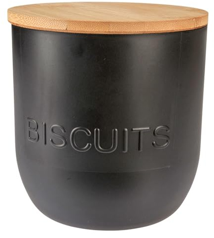 URBN-CHEF Large Black Airtight Biscuit Storage Jar with Natural Bamboo Lid - Modern 16x15cm Cylinder Container for Fresh Cookies & Treats, Stylish Countertop Kitchen Canister