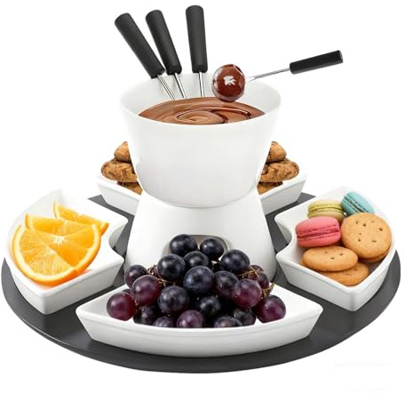 aghoer Service à Fondue au Chocolat en céramique, 300 ML, avec 4 Assiettes en céramique et 4 fourchettes, pour Fromage, Fondue, dîner de Famille, Dessert, Pique-Nique, Blanc
