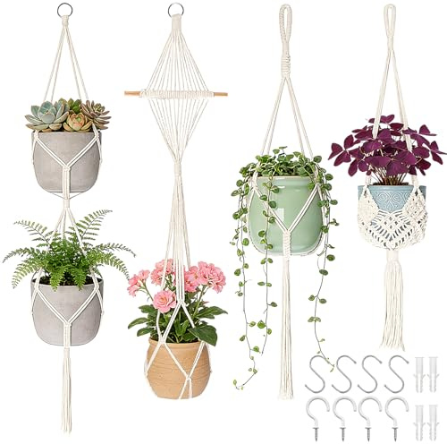 Erzekrim Makramee Blumenampel 4 Stück Boho Deko Baumwollseil Hängeampel | Hängekörben Hängetopf für Pflanzen Baumwollseil Blumentopf mit Haken für Innen, draußen, Balkon, Wohnzimmer, Garten (Weiß)
