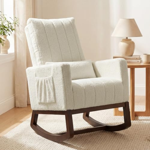 HOMCOM Rocking Chair for Adults with Lumbar Pillow High Back Cream White | Snow Flannel, Wood Base, Side Pockets, Accent Armchair, Leisure Rocker, Living Room, Bedroom