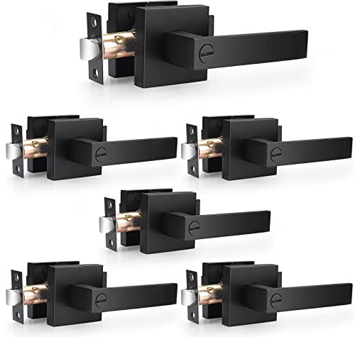 Probrico 6 Pack Matte Black Door Handles Heavy Duty Flat Square Privacy Interior Door Levers for Bedroom & Bathroom, Keyless Interior Handles for Left &Right Handled Doors
