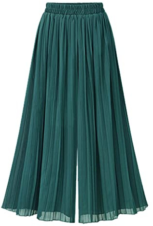 chouyatou Women's Elastic Waist A-Line Pleated Chiffon Cropped Wide Leg Pants Culottes (Large, Green)