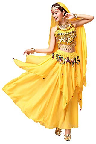 ORIDOOR Women Belly Dance Dress Set Crop Top Padded Bra Top Sparkling Belly Dance Chiffon Skirts with Coins 5-Piece Outfit 02 Yellow …