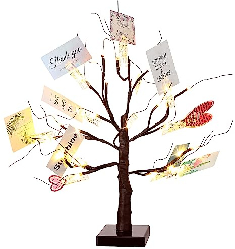 Mudder Money Gift Cards Tree Lighted Birch Tree 24 LED Wedding Card Holder with 12 Clips for Spring Summer Graduation Gifts Birthday Party Home Photo Memo(Classic Style,Brown, Warm White)