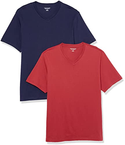 Amazon Essentials Men's T-Shirt Regular-Fit Short-Sleeve V-Neck (Available in Big & Tall), Pack of 2, Navy/Dark Red, Large