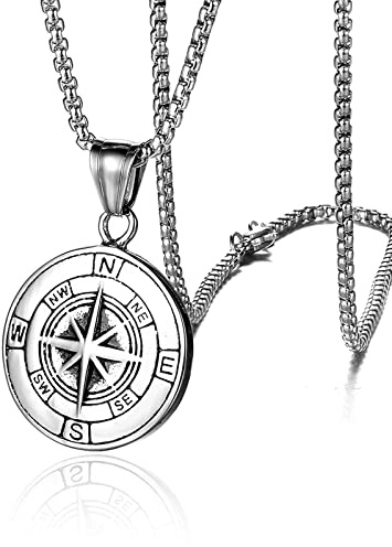 Skcess Halskette Herren, Kette Herren Kompass Silber Kompass Rundes Muster Kette Herren Halskette Valentinstageschenk 2.7x60cm