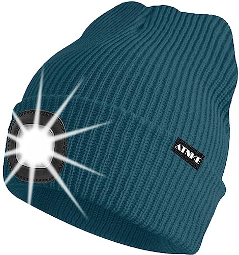 ATNKE Unisex LED Mütze mit Licht,Wiederaufladbare USB 4 LED Beleuchtete Laufmütze Extrem Heller Lampe Winter Warme Stricken Mütze für Herren und Damen Geschenke
