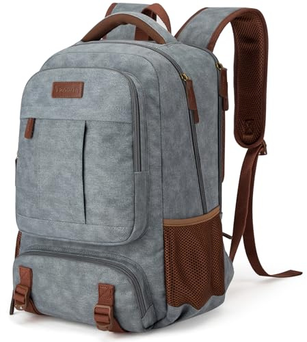 Tzowla Canvas Ryggsäckar för Laptop,Ryggsäck Skola Vandring för Herr och Dam,Reseryggsäck,Dator Bokväska Passar 15,6 Tum Bärbar Dator med USB Laddnings Port-Ljusgrå