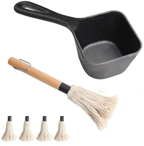 SafBbcue Cast Iron BBQ Sauce Pot and Mop Brush Set,Barbecue Cooking Accessories Heat Preservation Heavy Basting Pot & Mop with 4Pcs Heads for Big Green Egg Grill Grilling