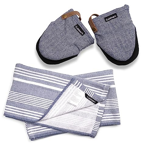 Cuisinart Oven Mitts & Tea Towel Set with Blue Herringbone Mini Mitt Oven Mitts Set of 2 & Fouta Striped Blue & White Tea Towels for Kitchen Set of 2