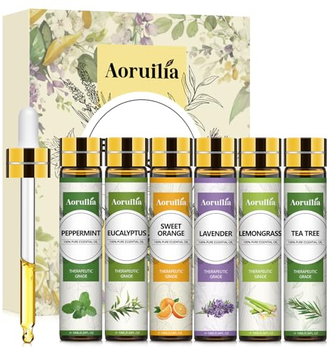 Aoruilia 6 x 10ml Essential Oils Set, Premium Aromatherapy Oil for for Diffuser, Home Fragrance, Soap & Candle Making, Cleaning - Tea Tree, Lavender, Peppermint, Sweet Orange, Lemongrass, Eucalyptus