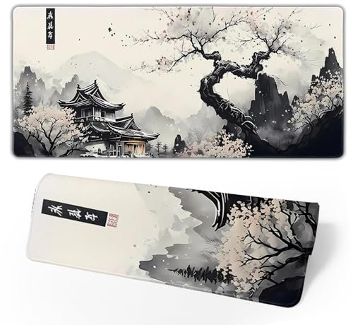 Donboly Gaming Mouse Pad Japanese Pagoda and Cherry Blossoms Branch Oversized Mouse Mat Desk Pad maxpad XXL, Sewn Edges Non-Slip Rubber Base Mousepad (Plum Blossom, 80x30x0.3cm)